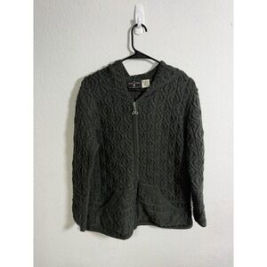 Irish Store Sweater Women Large Merino Wool Cardigan Hooded Cable Knit Zip